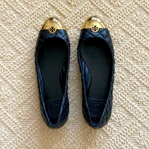 TORY BURCH Kaitlin Black Quilted Ballet Flats with Gold Cap Toe